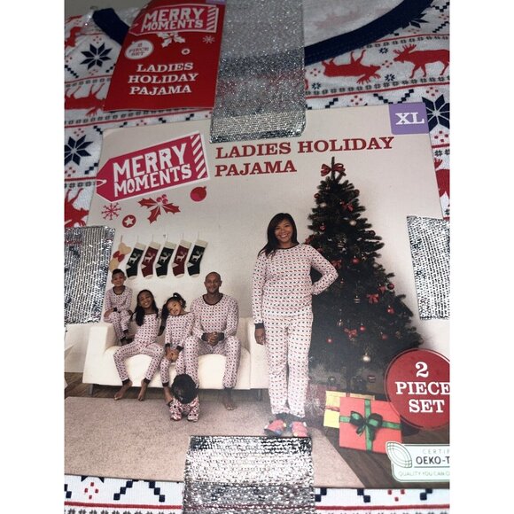 NWT ~ MERRY MOMENTS 2-Piece Pajama Set Women XL  16/18 Moose Snowflake Family - Picture 3 of 10
